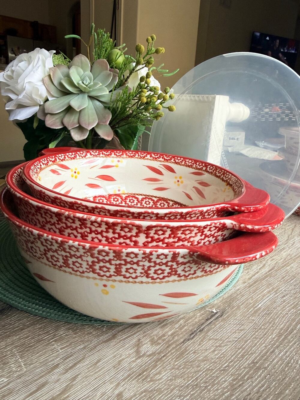 Temp-tations 3 pc Nesting bowls, Old World Cranberry Design Bowl Set